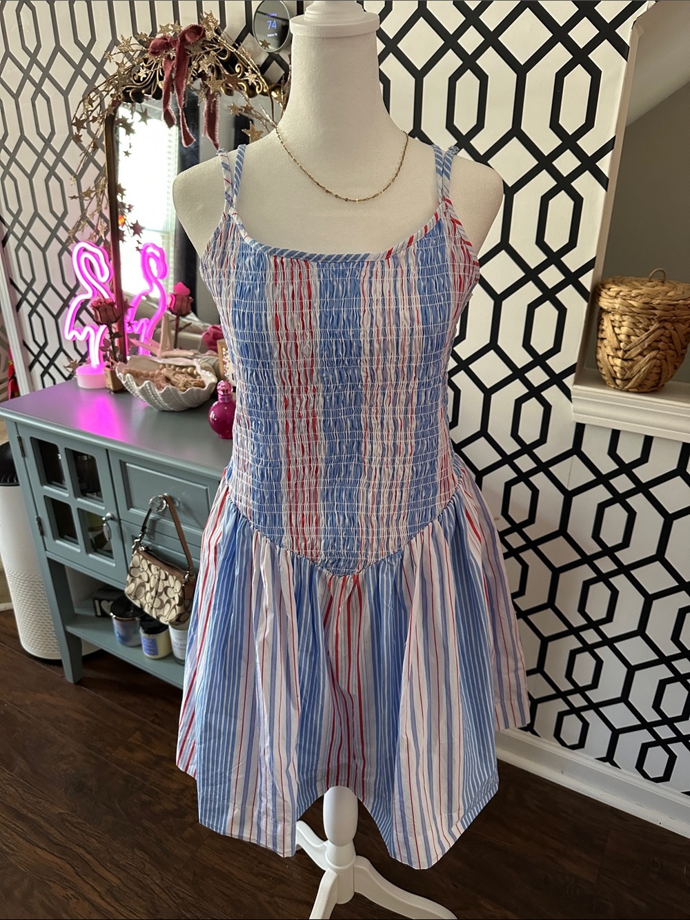 Striped Smocked Sundress in Blue, White & Red